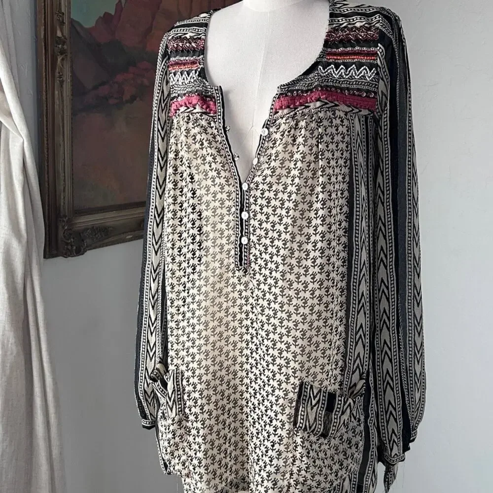 Free People Embroidered Semi-Sheer Top Folk Boho Oversized Tunic Women S M